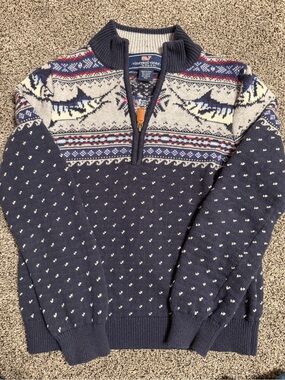 Vineyard Vines Boys Fair Isle Knit Sweater 1/4 Zip Mock Neck Blue S 8-10